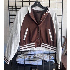 Women Jacket Size Large Brown & White Long Sleeve Button Down Pockets